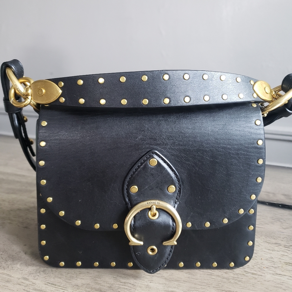Coach Black Leather Studded Shoulder Bag with Gold Hardware